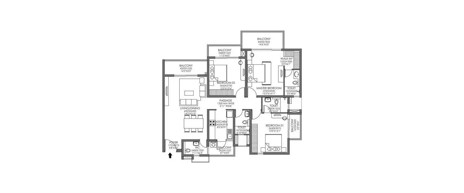 Floor plan for 3 BHK