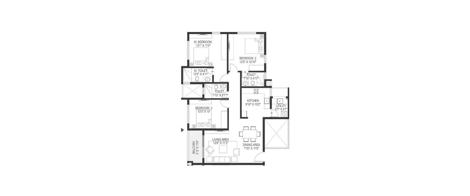 Floor plan for 3 BHK