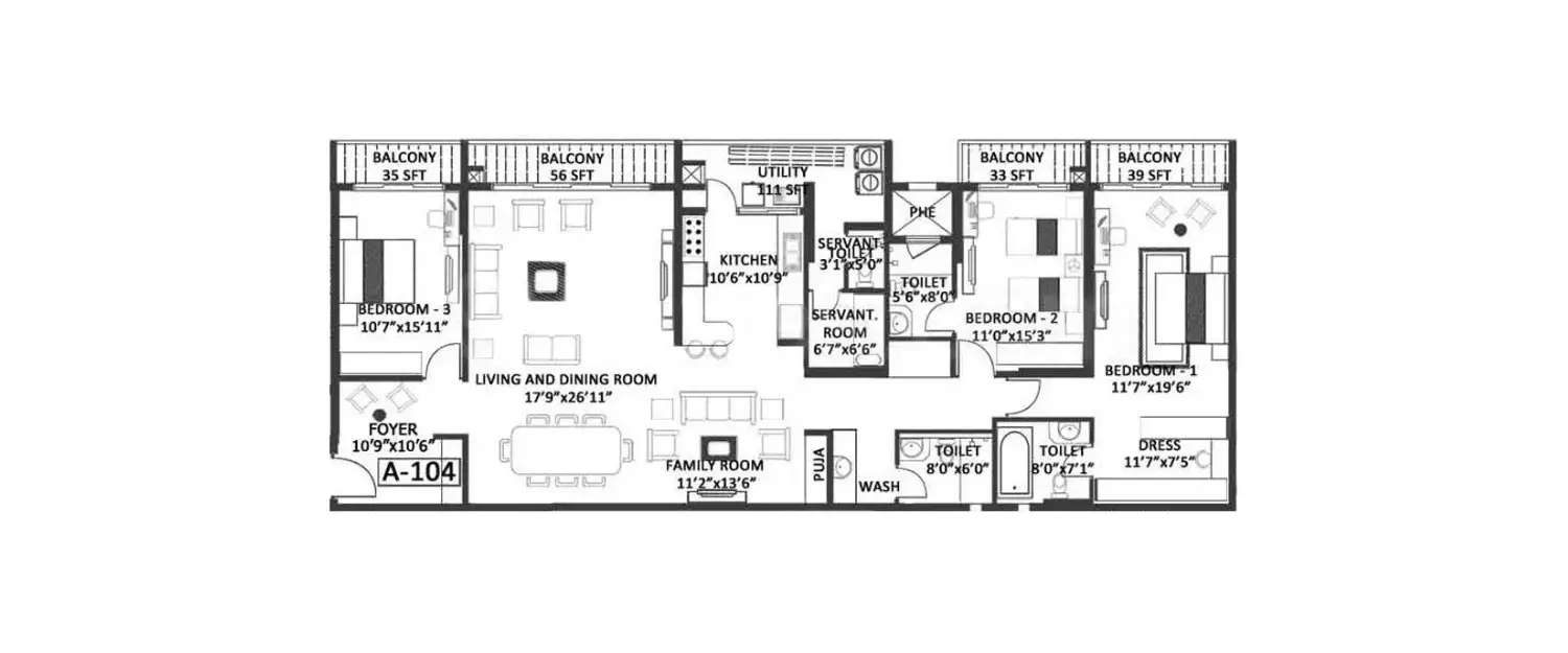Floor plan for 3 BHK