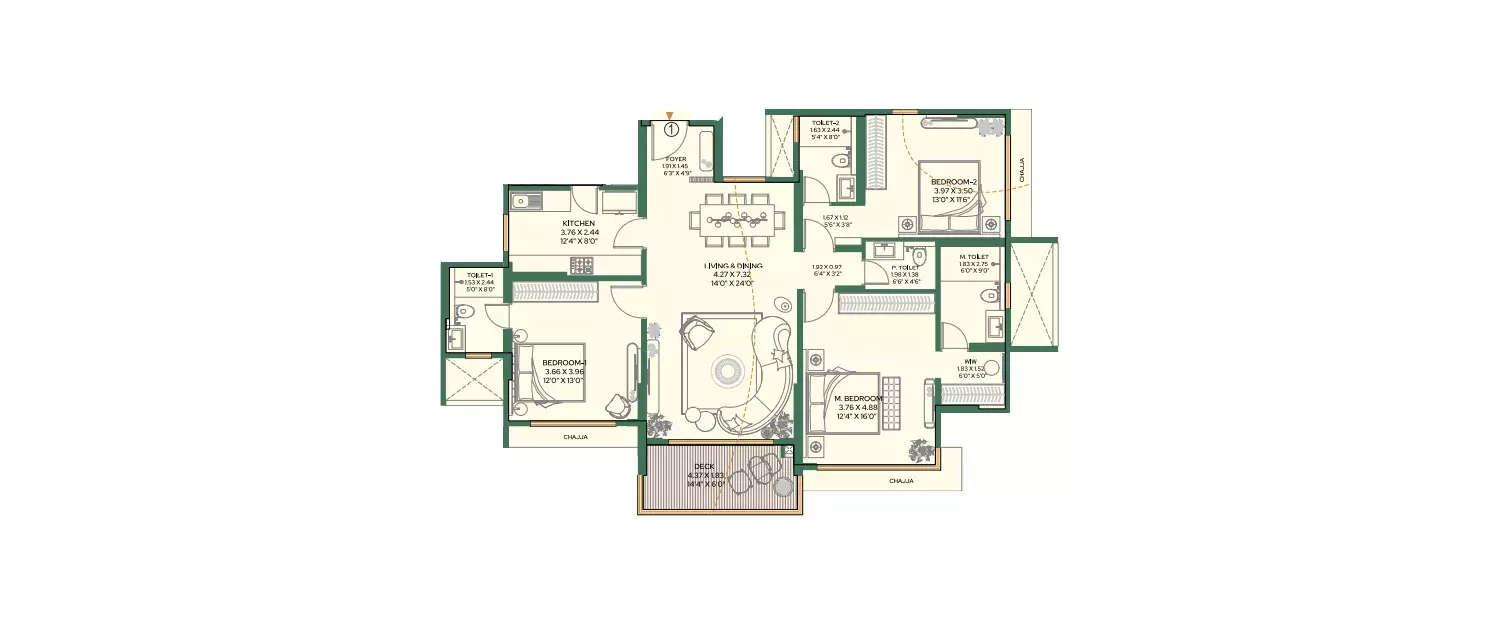 Floor plan for 3 BHK