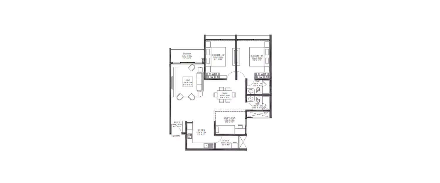 Floor plan for 3 BHK