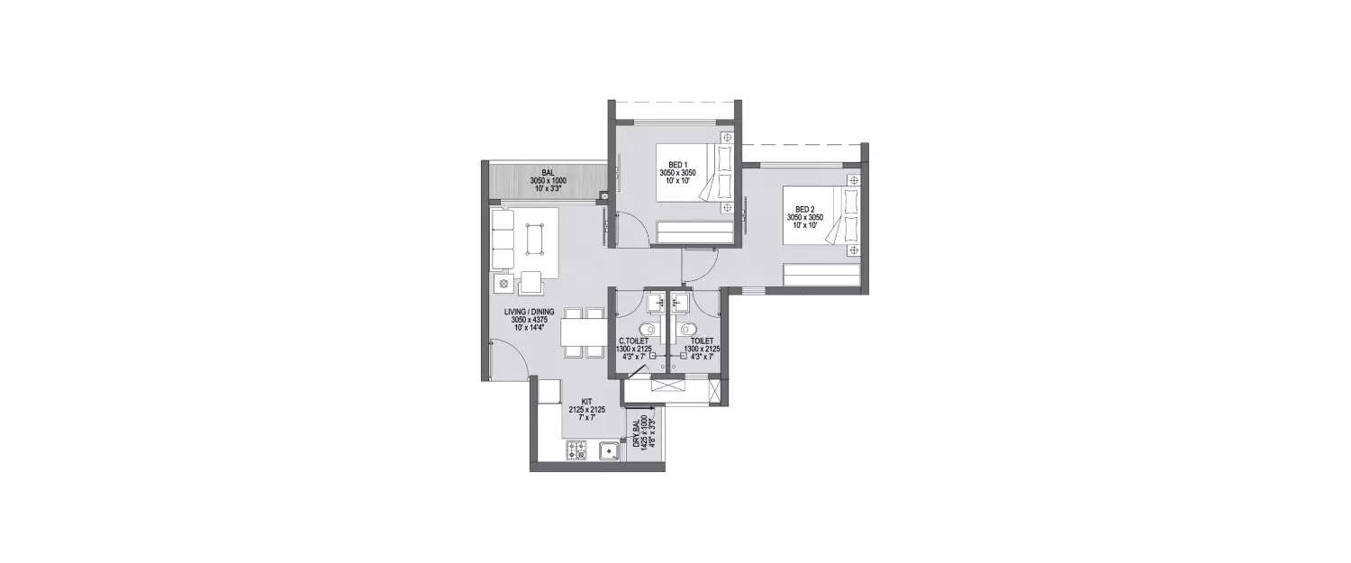 Floor plan for 2 BHK