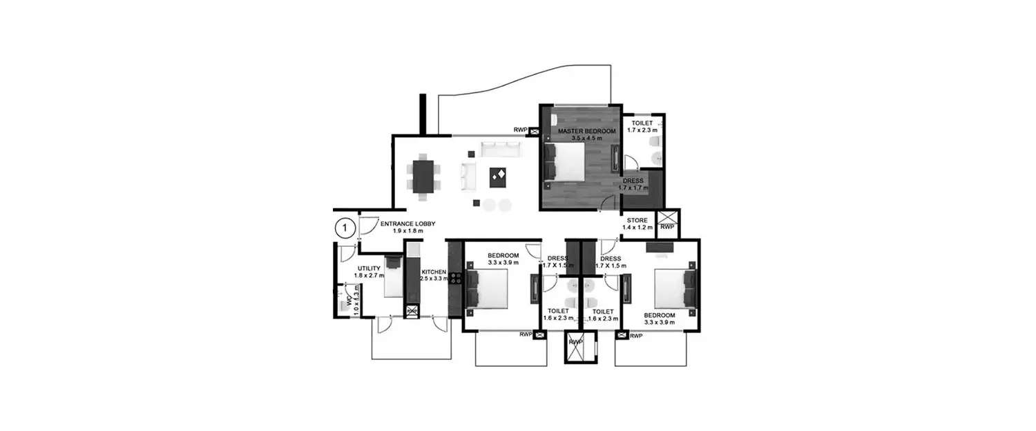 Floor plan for 3 BHK