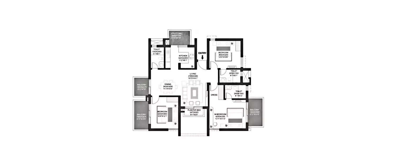 Floor plan for 3 BHK