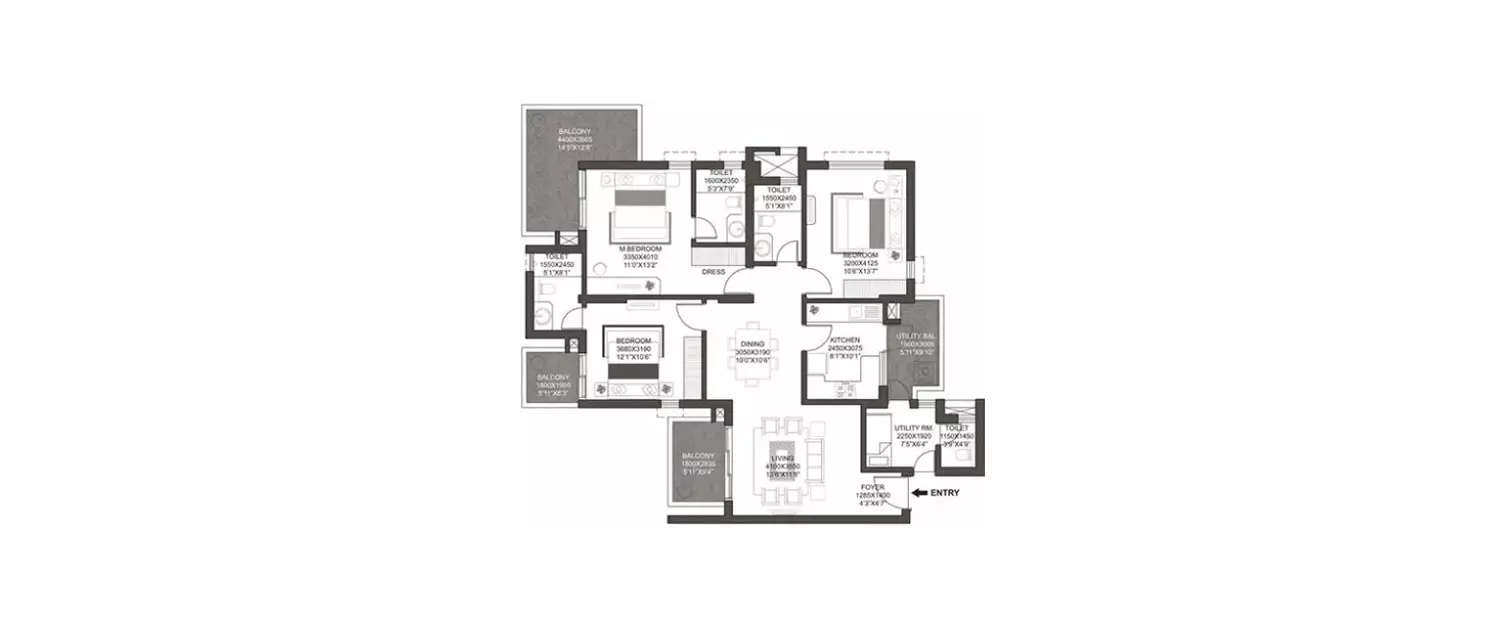 Floor plan for 3 BHK