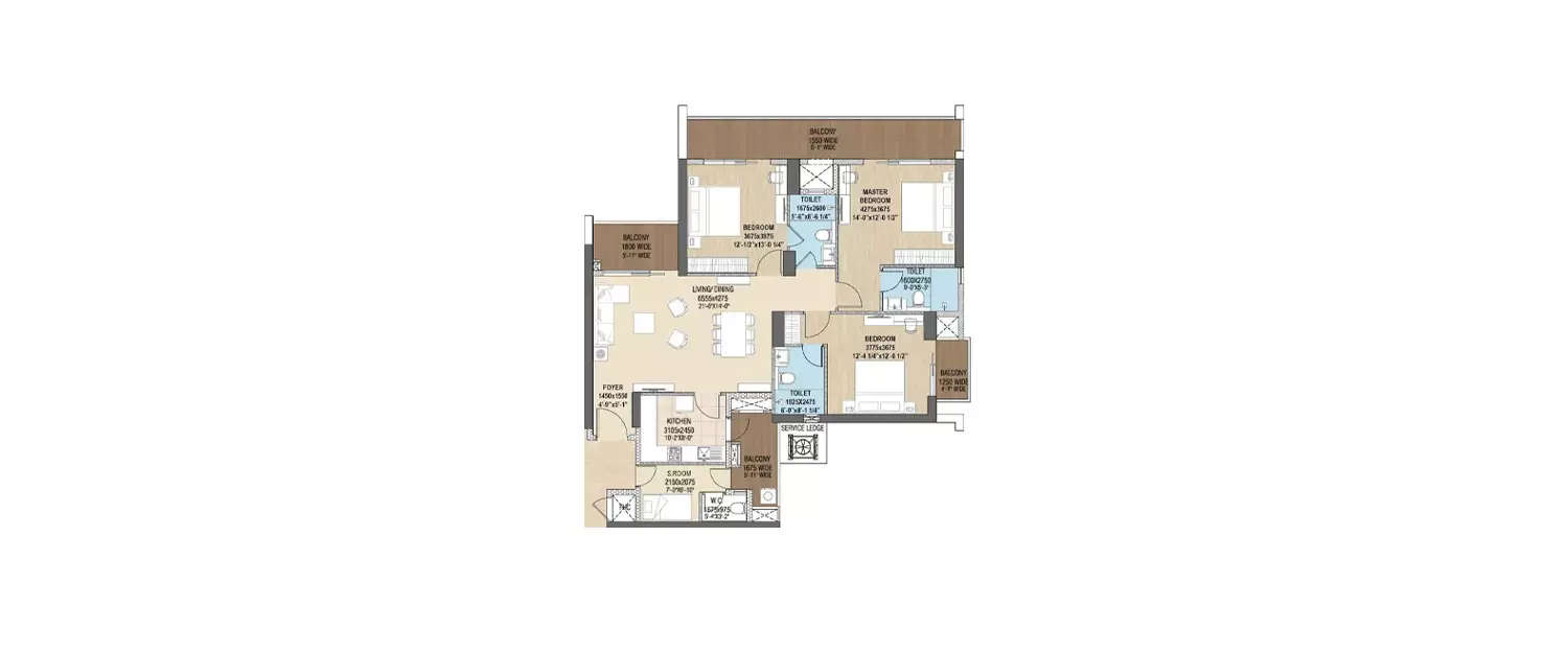 Floor plan for 3 BHK