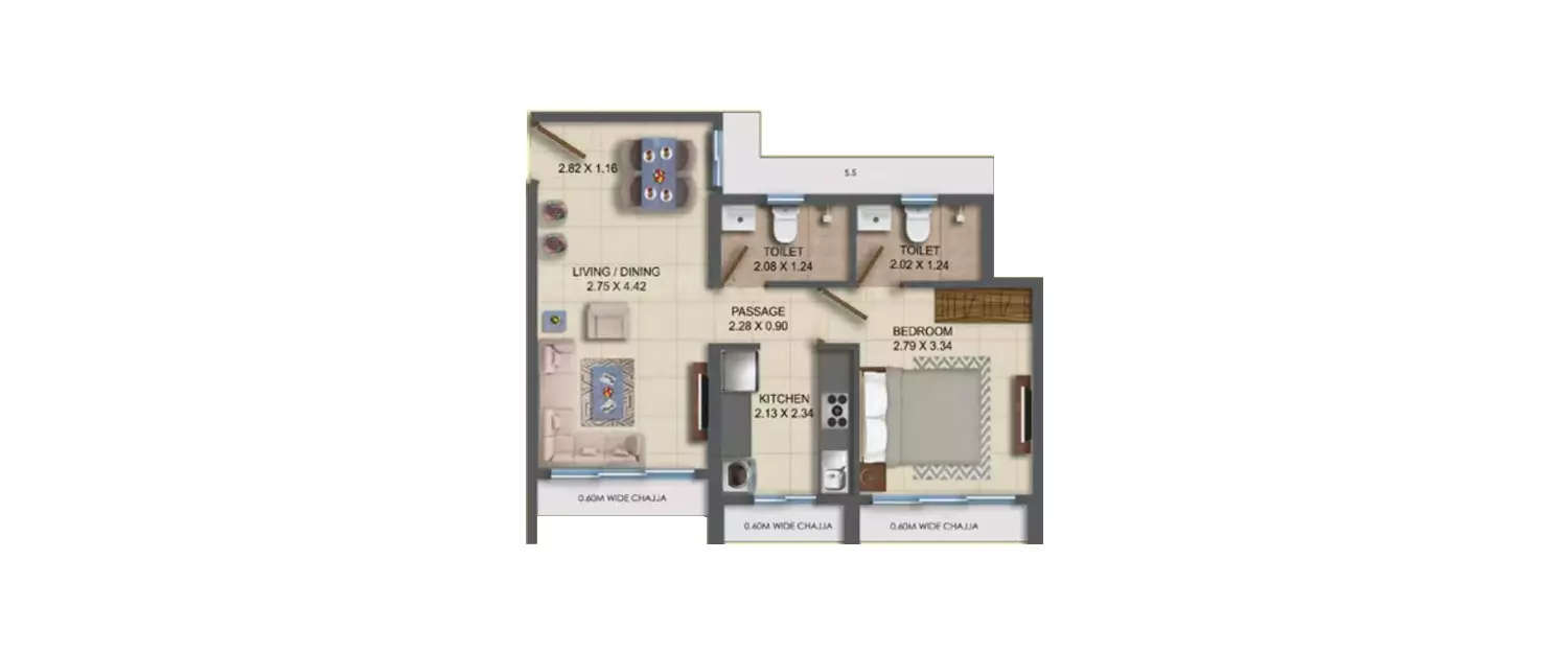 Floor plan for 1 BHK