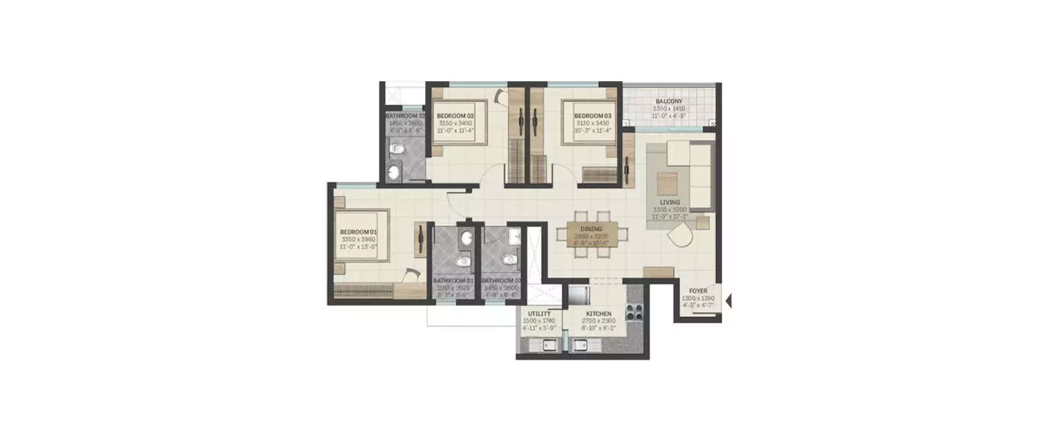 Floor plan for 3 BHK