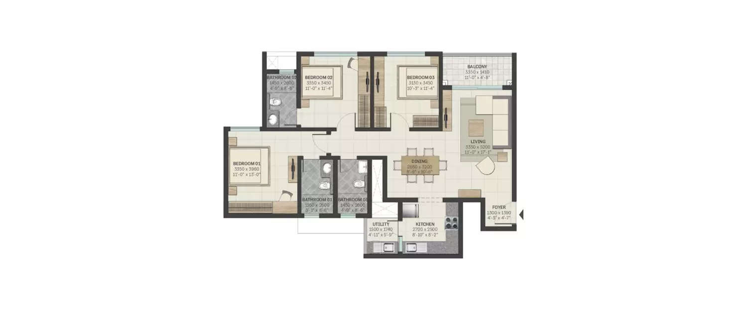 3 BHK Apartment 1013 Sq.ft