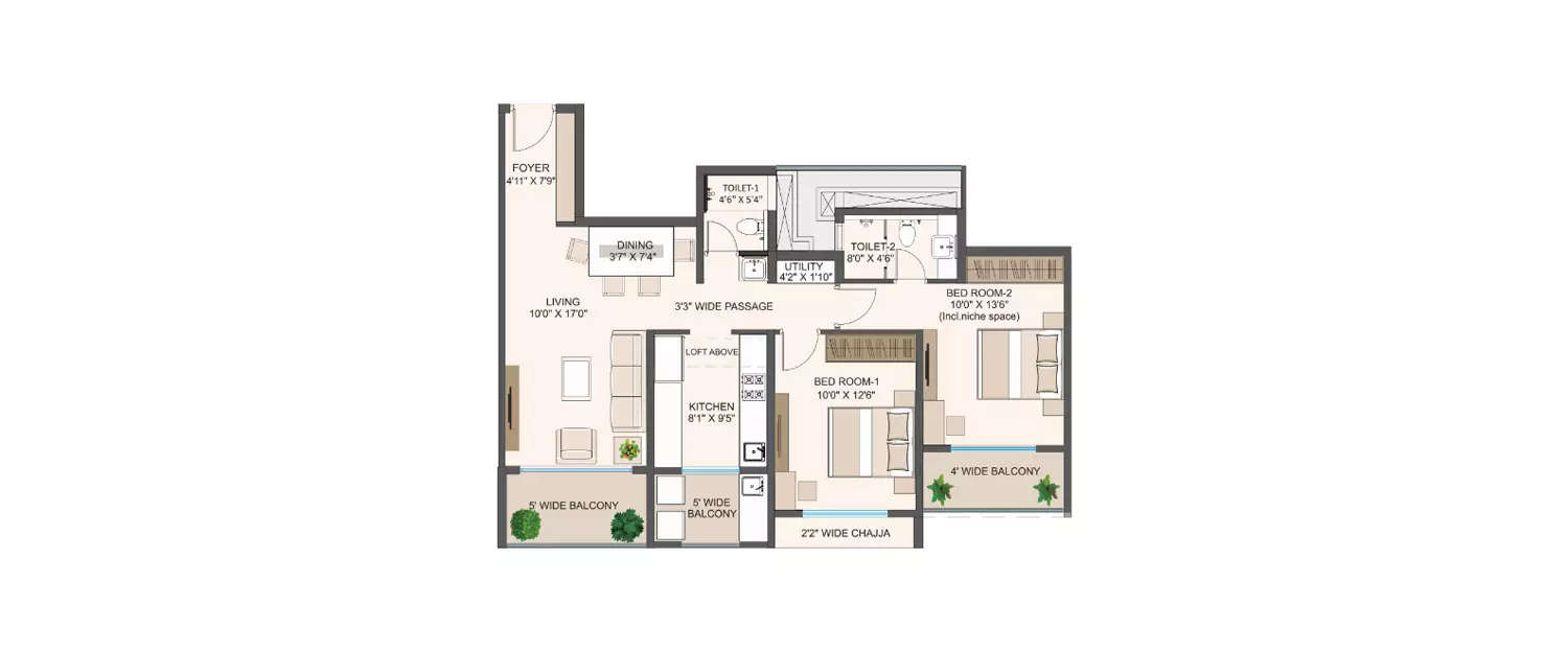 Floor plan for 2 BHK