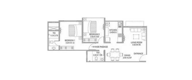 127 Upper East Santacruz - Floor plan 2 BHK 740 Sq.ft