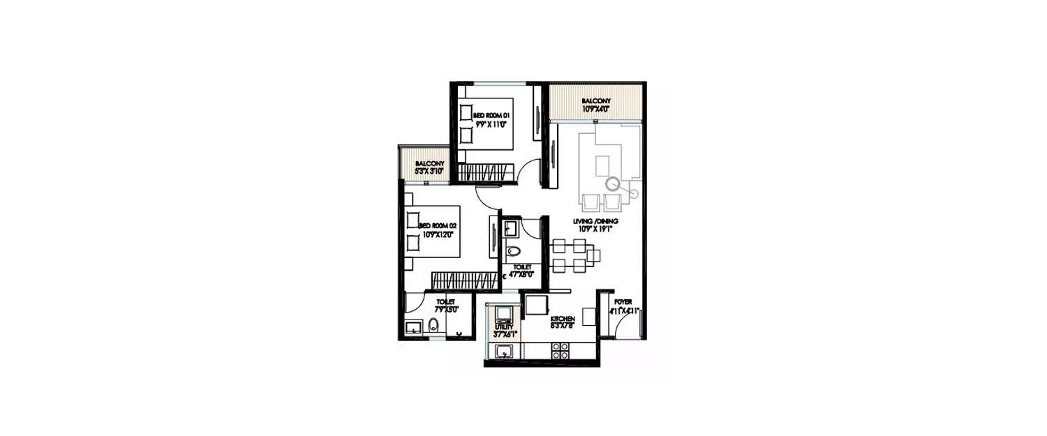 Floor plan for 2 BHK