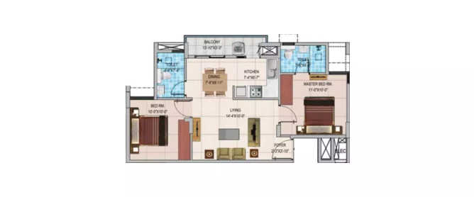 Provident Toogoodhomes Yelahanka - Floor plan 2 BHK 888 Sq.ft