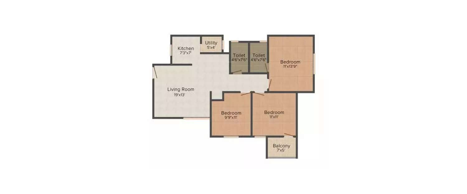 Floor plan for 3 BHK