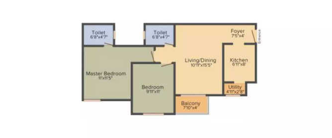 Provident Rays of Dawn Electronic City - Floor plan 2 BHK 883 Sq.ft