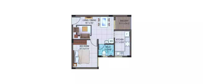 Alliance Garden Front Thaiyur - Floor plan 1 BHK 586 Sq.ft
