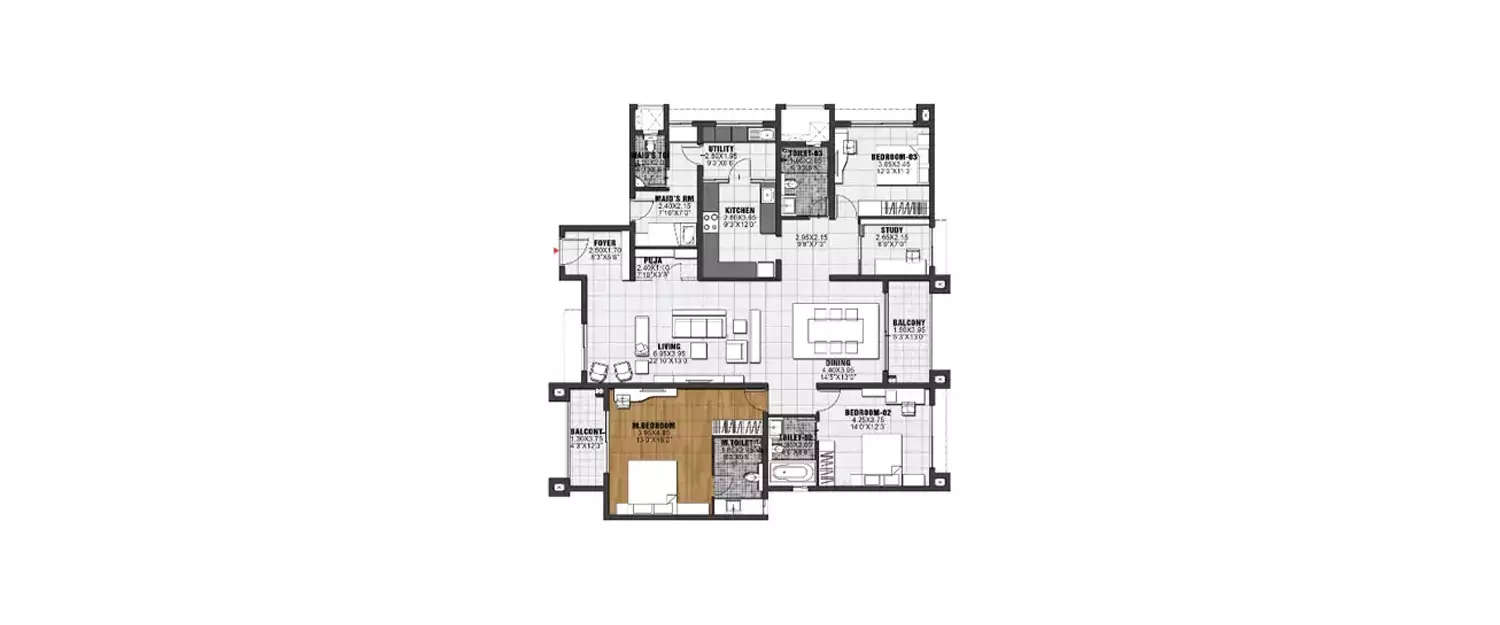 Floor plan for 3 BHK