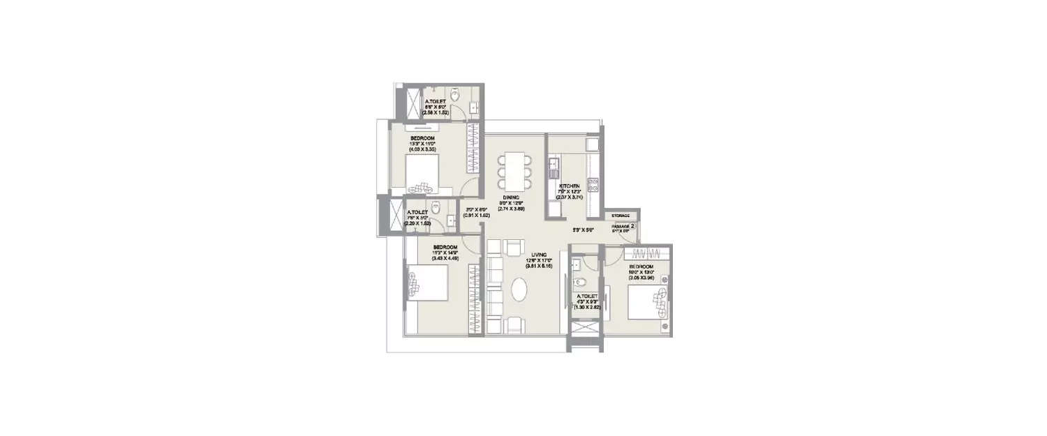 Floor plan for 3 BHK
