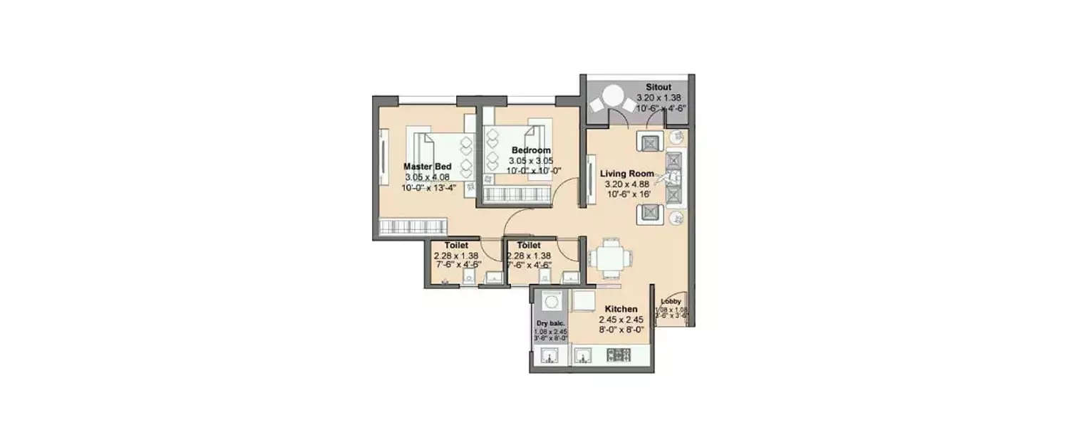 Floor plan for 2 BHK