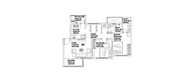 Kohinoor Reina Kondhwa - Floor plan 2 BHK 646 Sq.ft