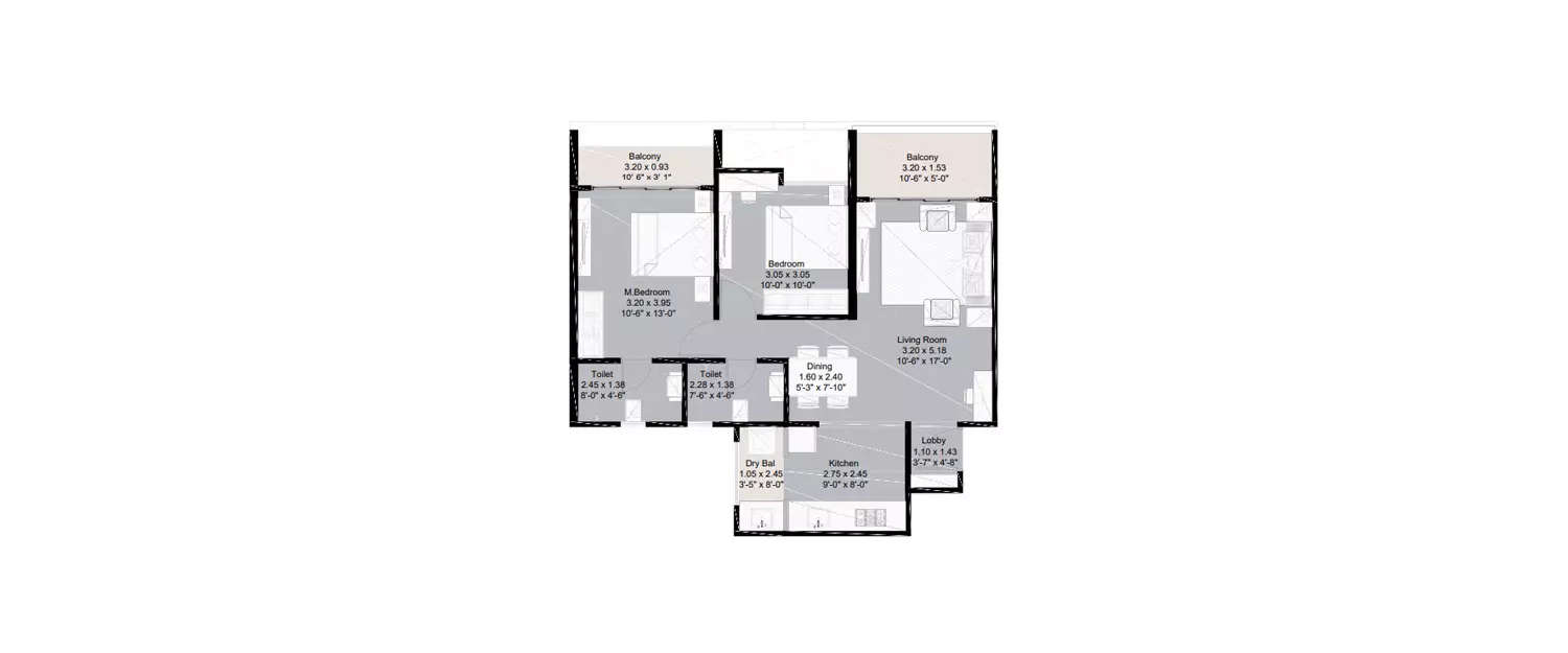 Floor plan for 2 BHK