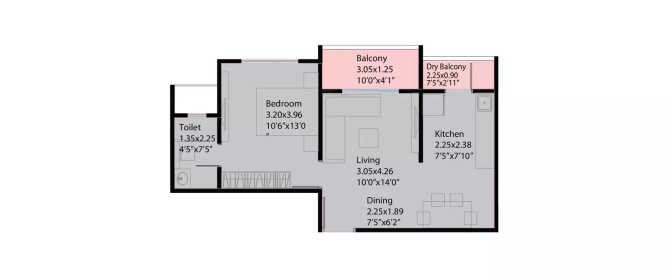 Kohinoor Emerald Sus Village - Floor plan 1 BHK 428 Sq.ft
