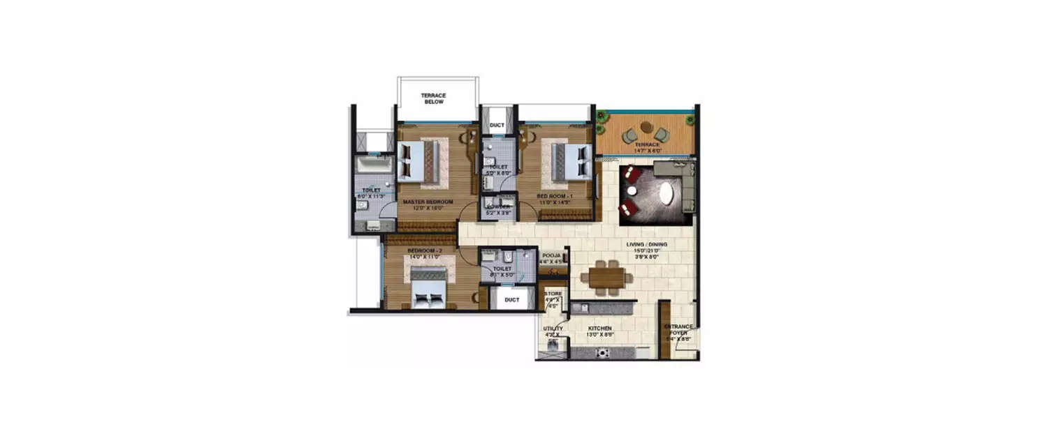 Floor plan for 3 BHK