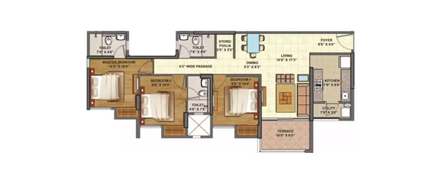 Floor plan for 3 BHK
