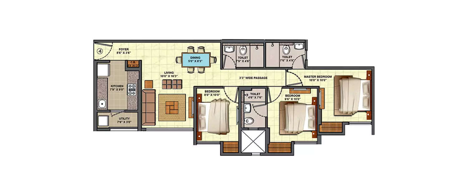 Floor plan for 3 BHK