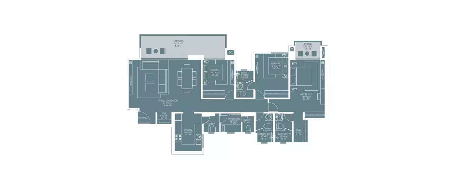 Floor plan for 3 BHK