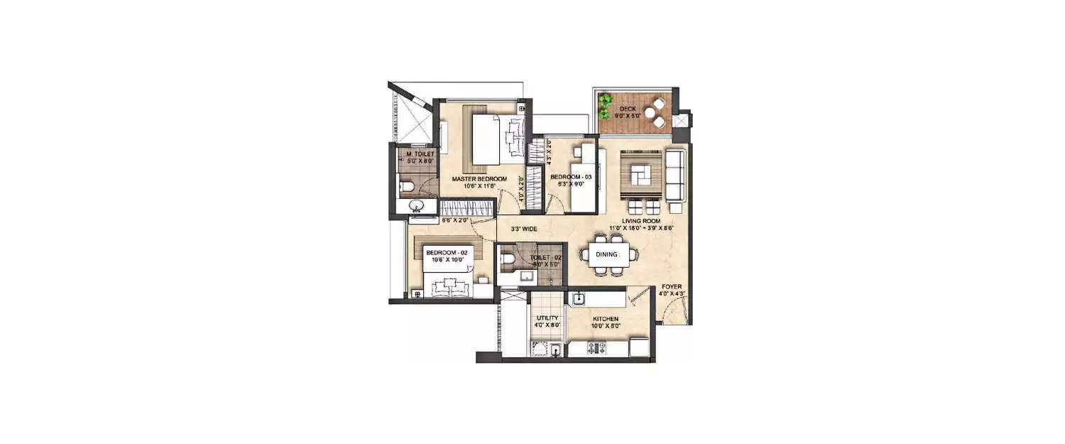 Floor plan for 3 BHK