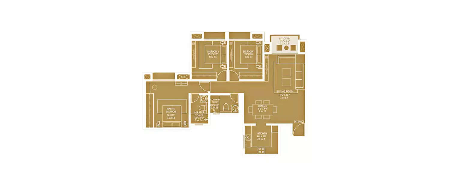 Floor plan for 3 BHK
