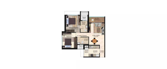 Runwal Uncage Mulund - Floor plan 2 BHK 690 Sq.ft