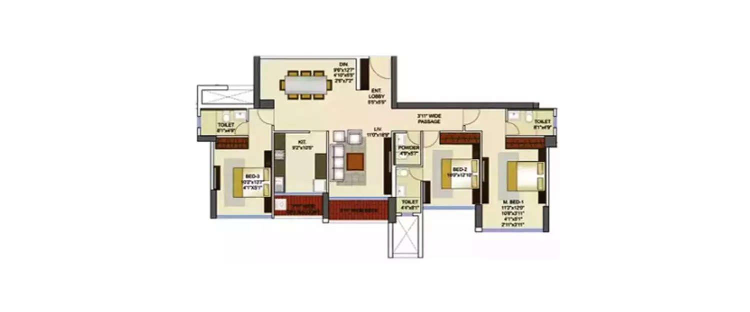 Floor plan for 3 BHK