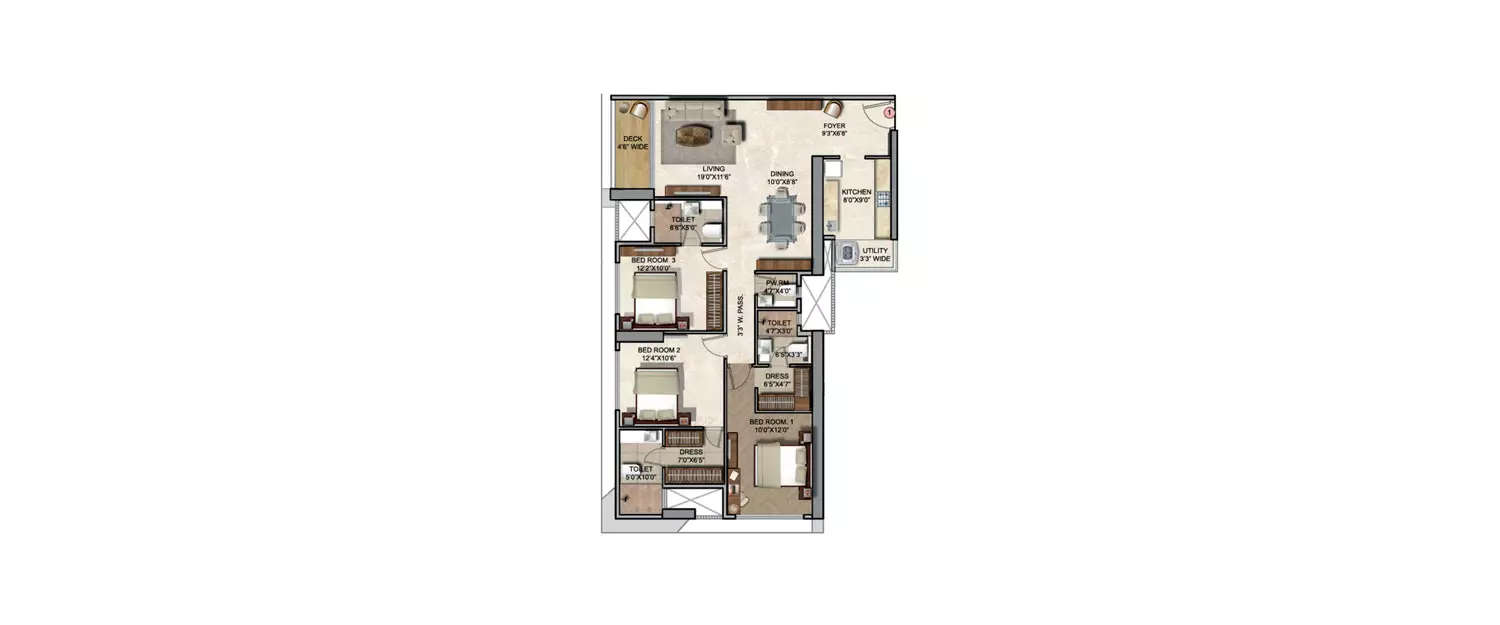 3 BHK Apartment 1059 Sq.ft