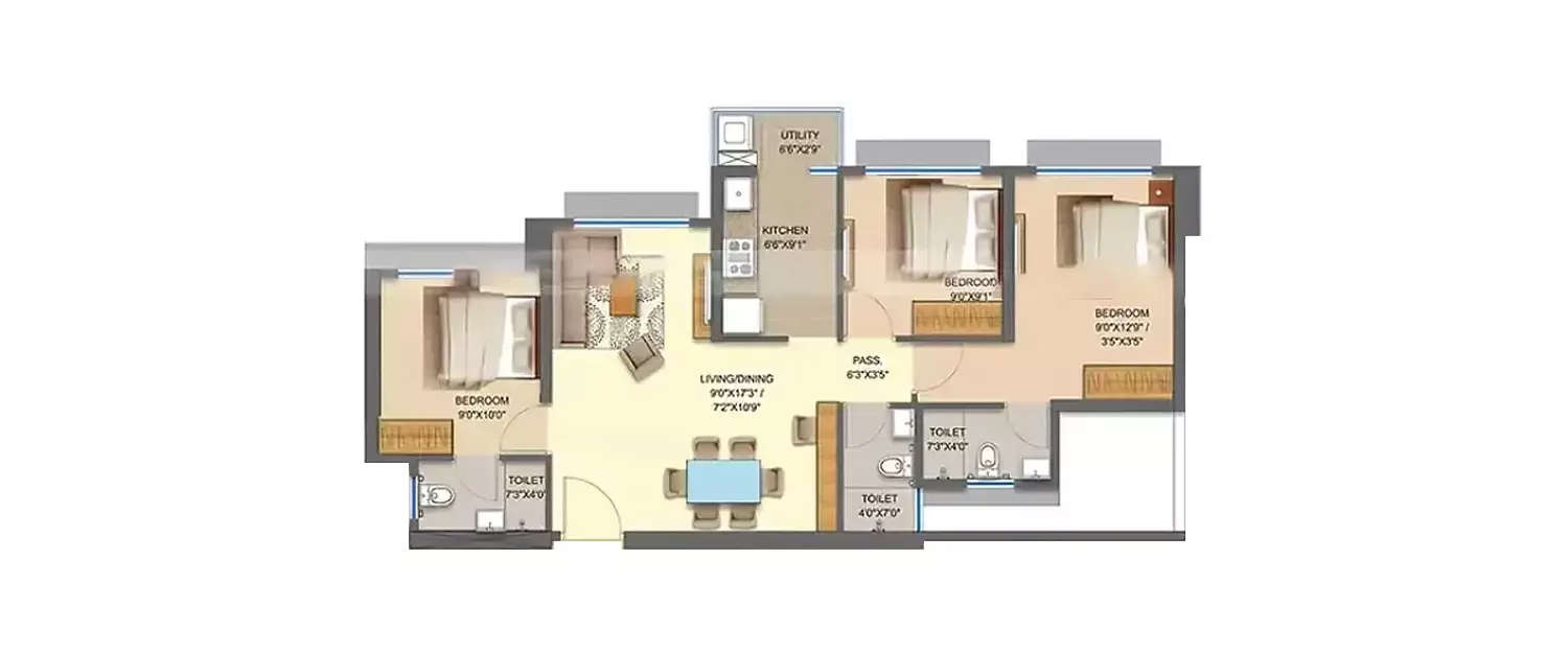 Floor plan for 3 BHK