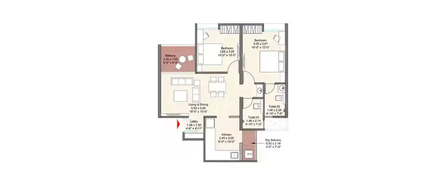 Floor plan for 2 BHK