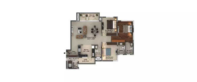Purva Coronation Square JP Nagar - Floor plan 3 BHK 1975 Sq.ft