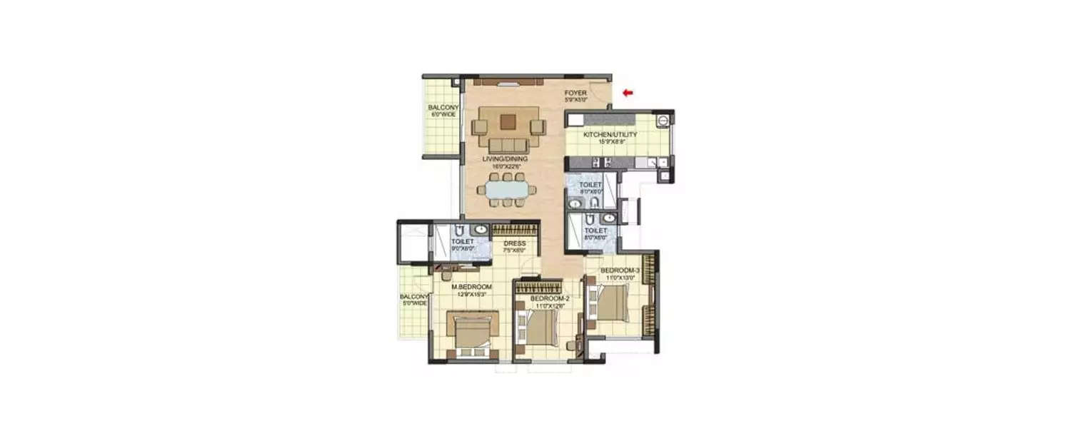 3 BHK Apartment 1339 Sq.ft
