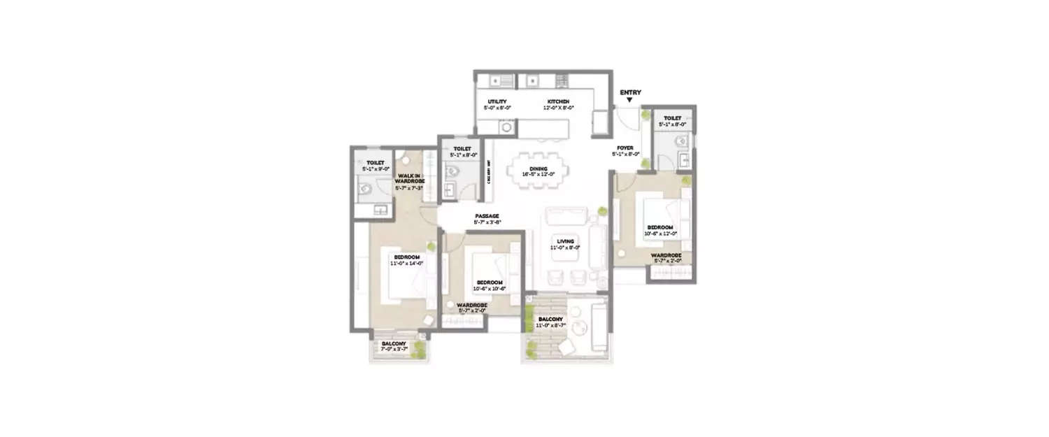 Floor plan for 3 BHK