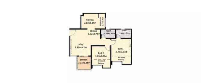 Nyati Erica Undri - Floor plan 2 BHK 728 Sq.ft