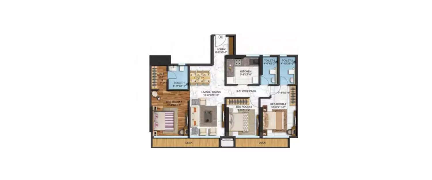 Floor plan for 3 BHK