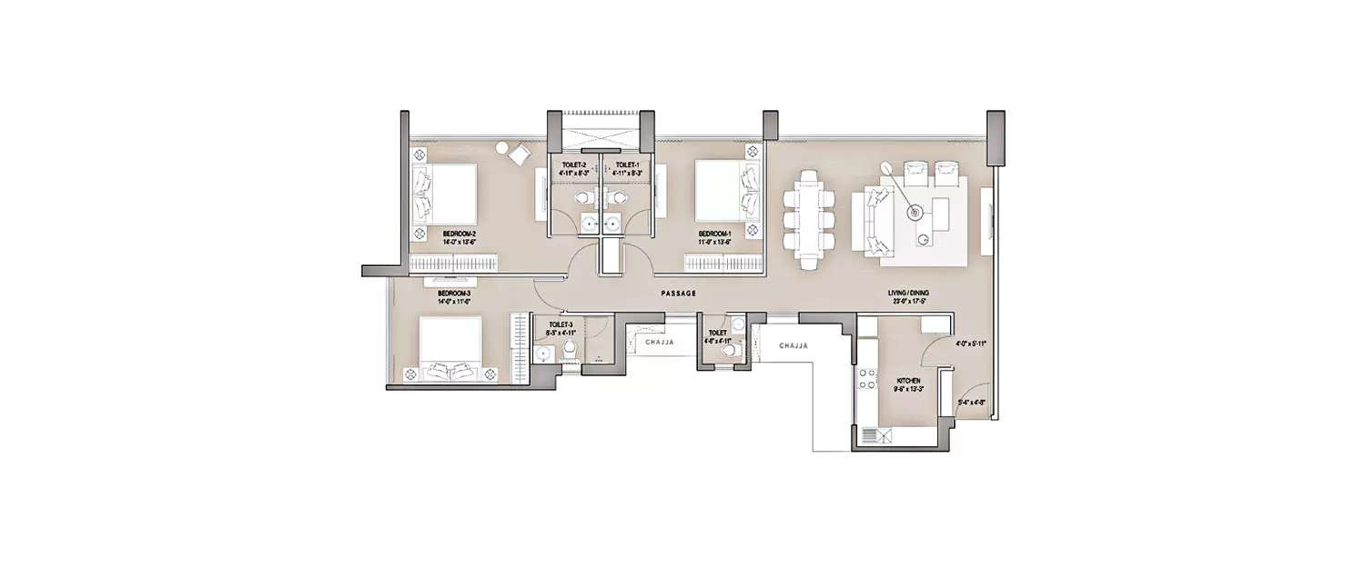 Floor plan for 3 BHK