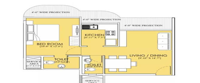 Ruparel Sky Greens Kandivali - Floor plan 1 BHK 423 Sq.ft