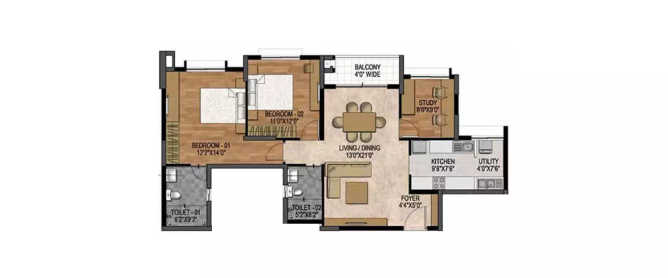 Prestige Woodland Park Jeevanhalli - Floor plan 2.5 BHK 937 Sq.ft