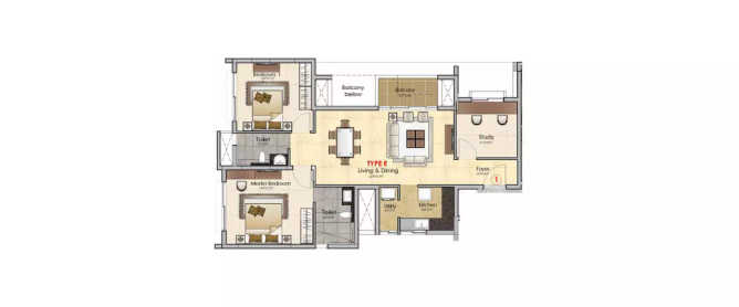 Prestige MSR Mathikere - Floor plan 2.5 BHK 935 Sq.ft