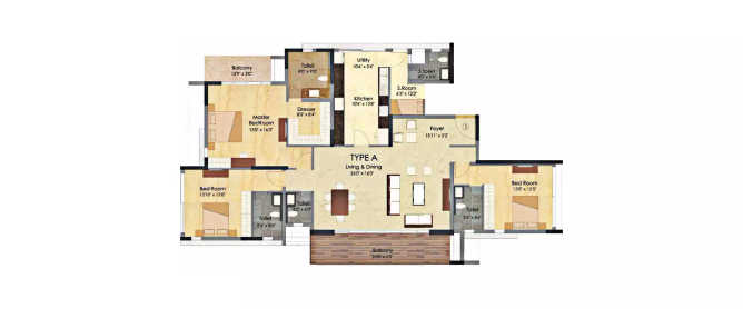 Prestige Deja Vu Pulikeshi Nagar - Floor plan 3 BHK 1797 Sq.ft