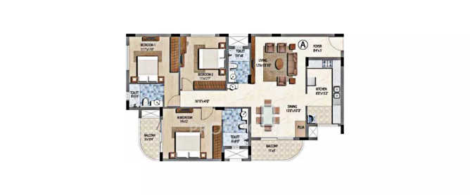 Prestige Downtown K. K. Nagar - Floor plan 3 BHK 1756 Sq.ft