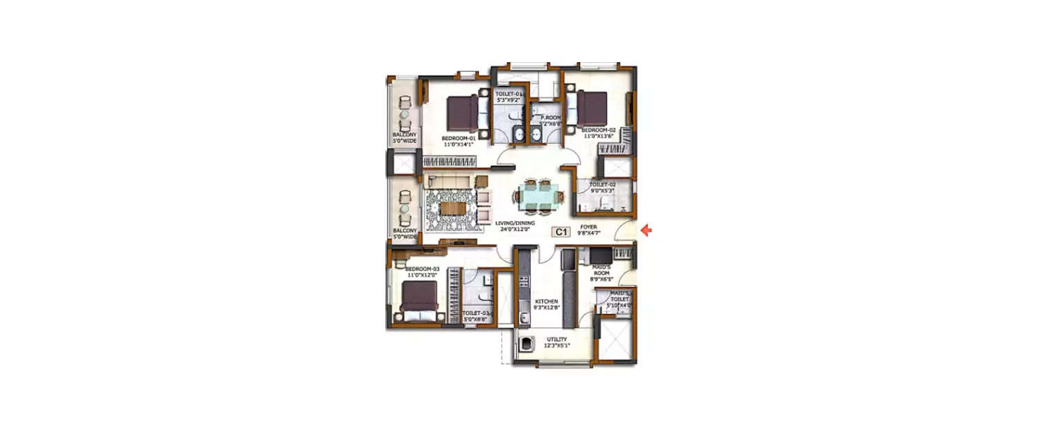 Floor plan for 3 BHK