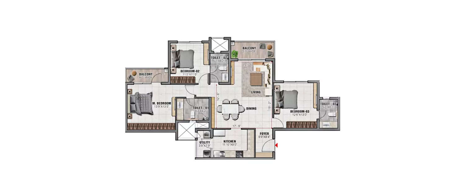 Floor plan for 3 BHK